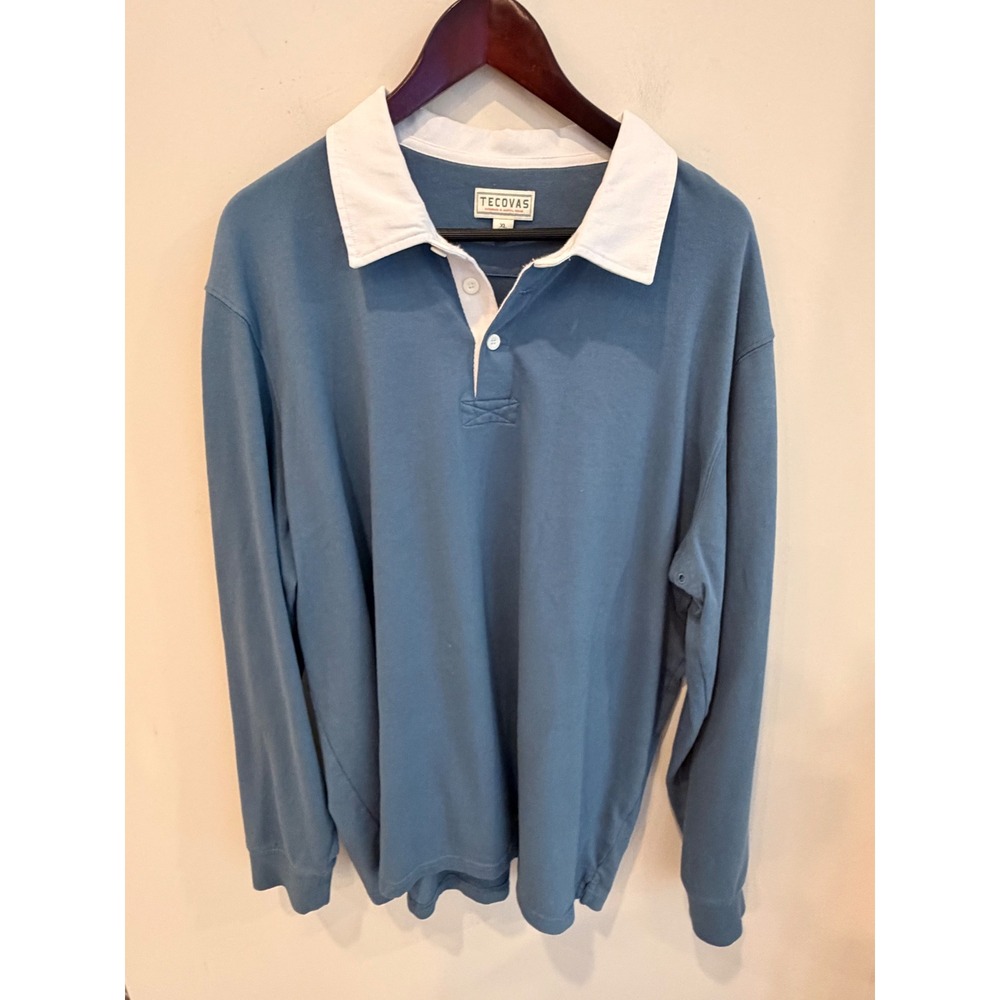 Tecovas Rugby Shirt Mens XL Blue White Collar Long Sleeve Cotton Preppy